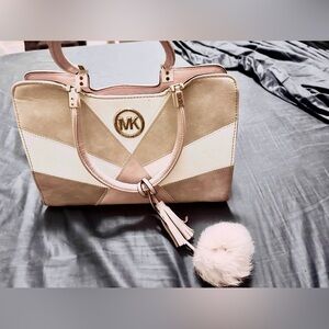 Michael Kors Faux Tri-Tone Satchel in Beige, Cream, and Tan and Pink Wallet